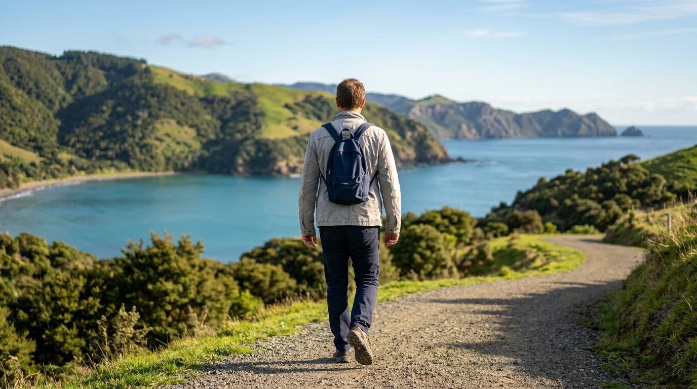 Anonymous man walking on New Zealand coastal path, active men over 50 daily wellness routine