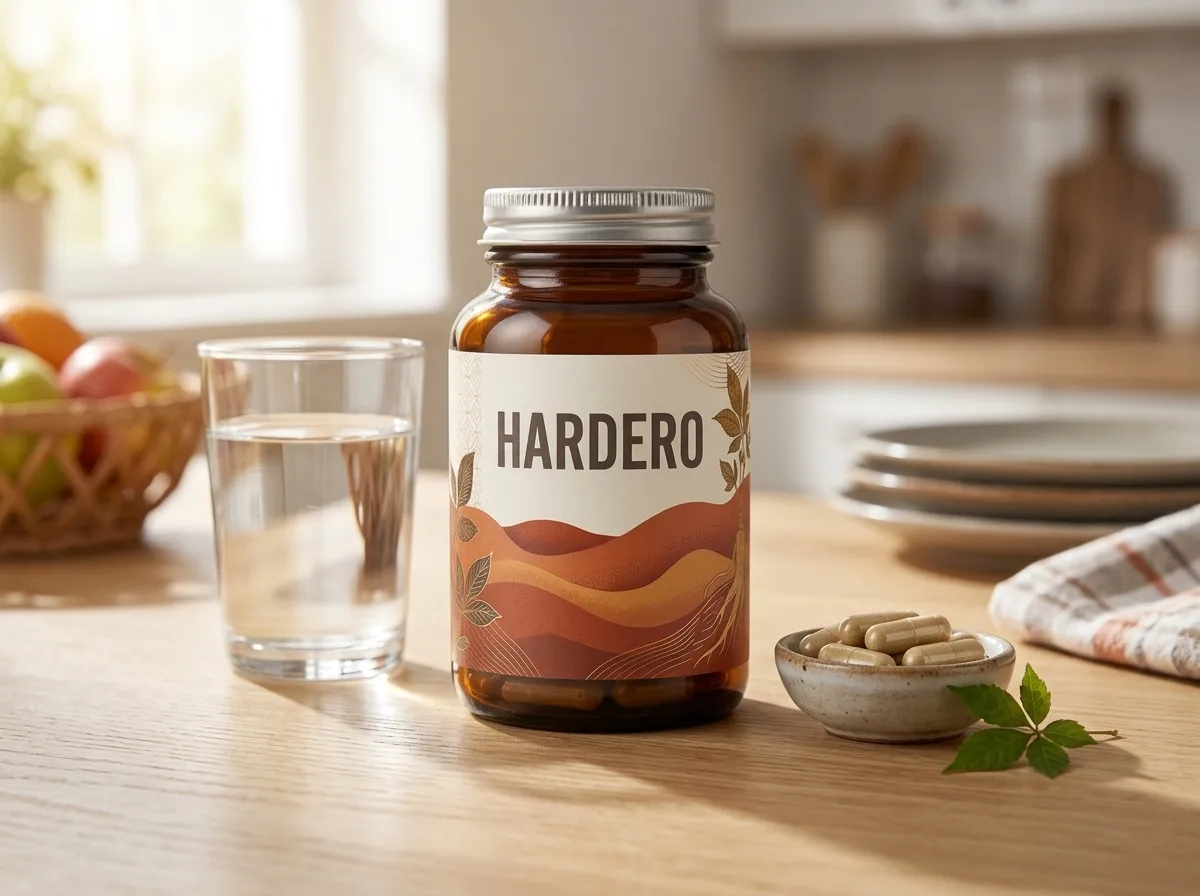 Hardero men's health supplement 60 capsules dark navy bottle on wooden surface